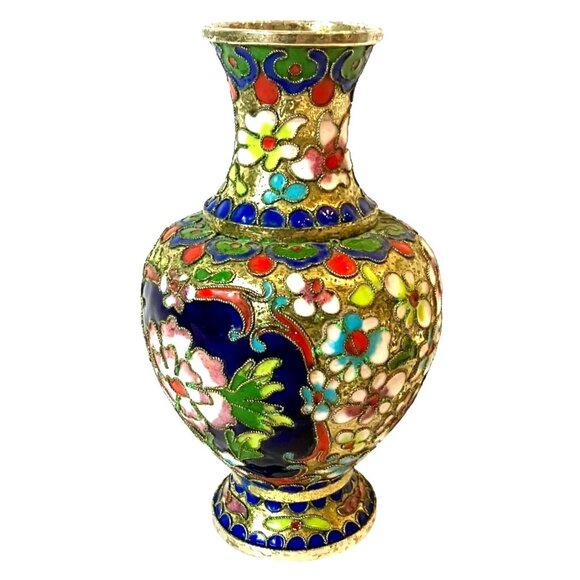 Antique Cloisonne w/ Ornate Enamel Flowers & Gold Gilding Brass Color Vase - Picture 5 of 13